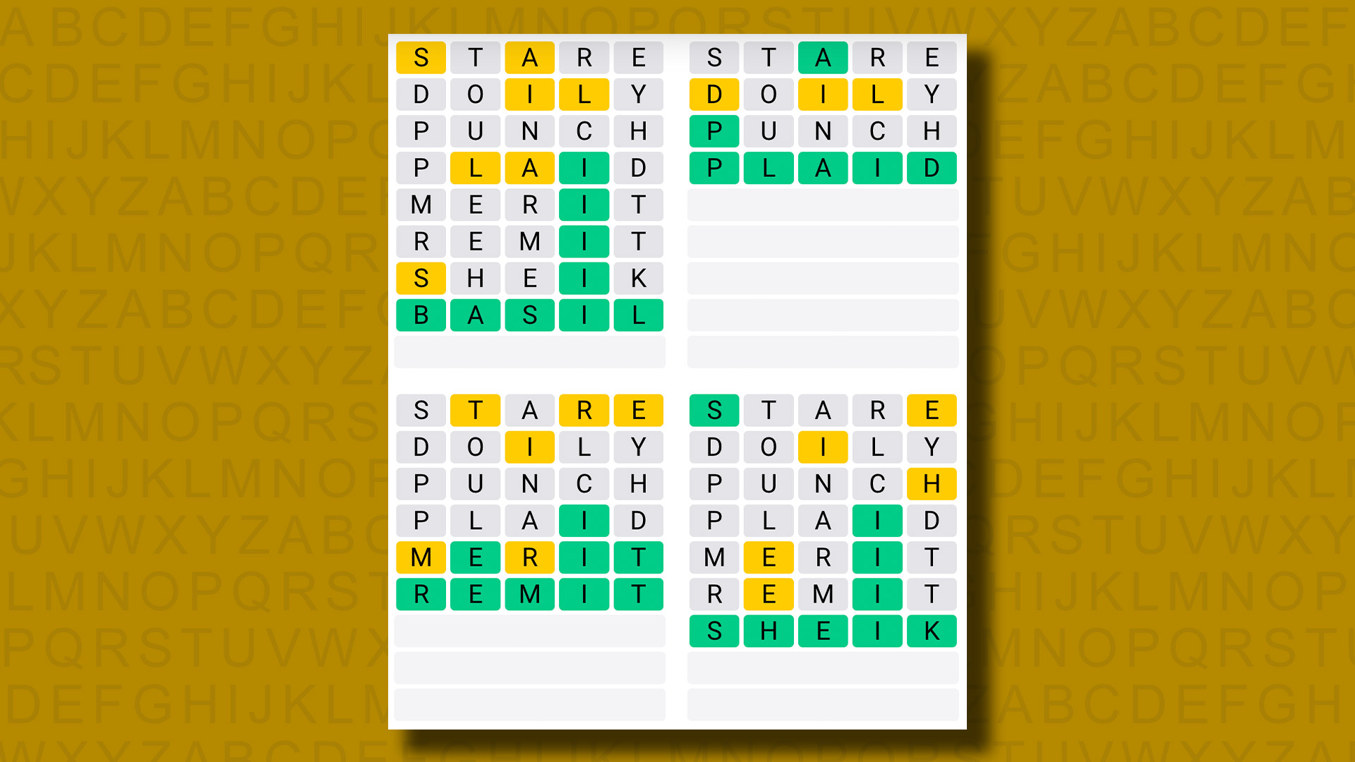 Quordle answers for game 887 on a yellow background