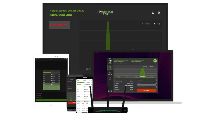 IPVanish interface on a variety of devices
