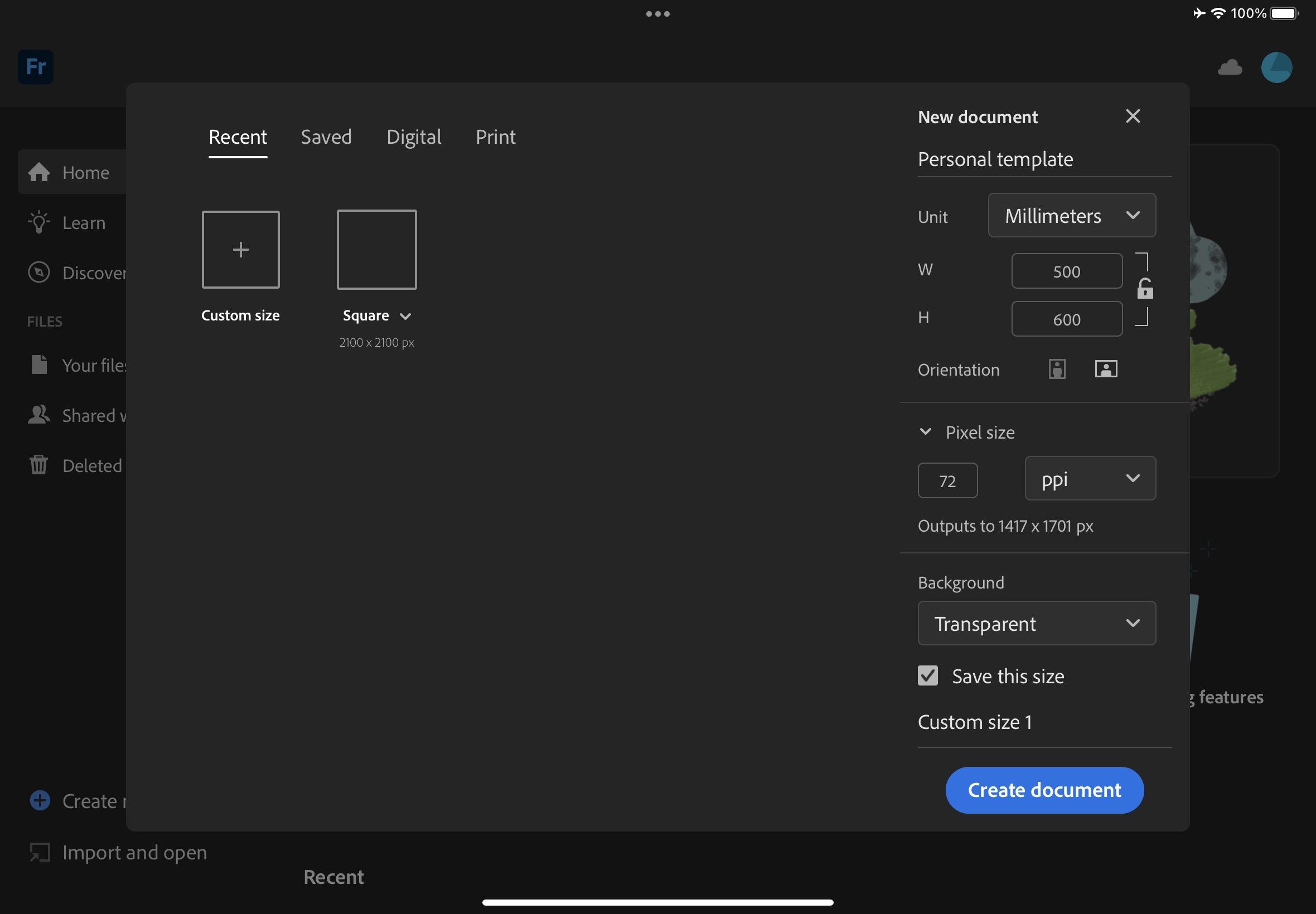 Adobe Fresco running on an iPad Air