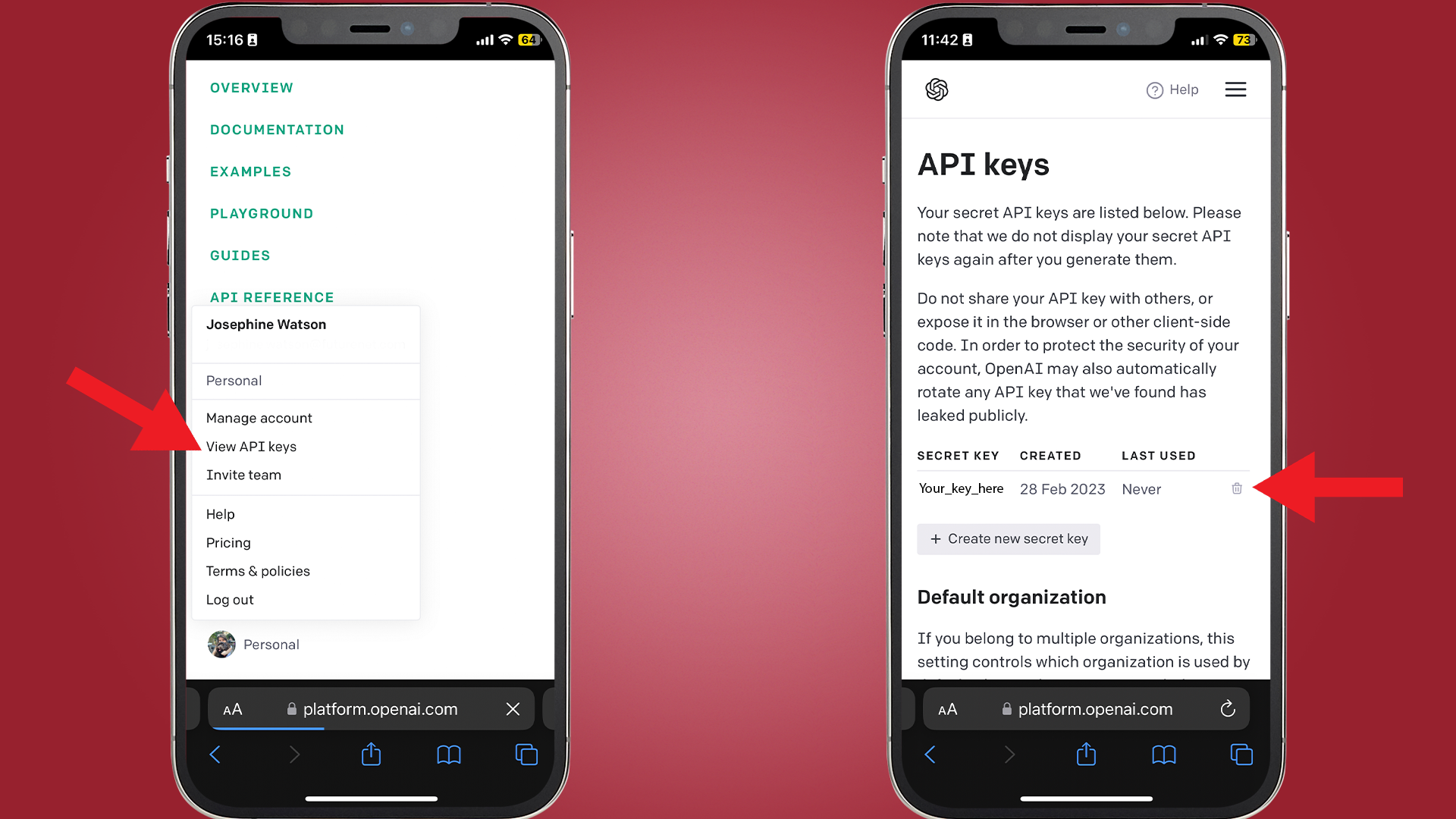Two screenshots, the first showing the OpenAI website with an arrow pointing to the menu item 'View API keys' and the second showing the page with API keys