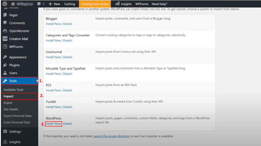 WordPress migration screenshot