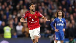 Matheus Cunha of Manchester United celebrates scoring his team's first goal during the Premier League match against Chelsea.