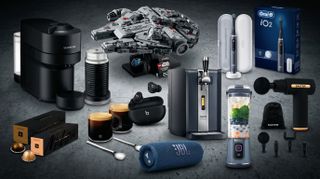 A collage of tech from the Currys Father's Day sale, including Beats, Lego, Oral-B, Salter, JBL, De'Longhi, Philips, and Ninja