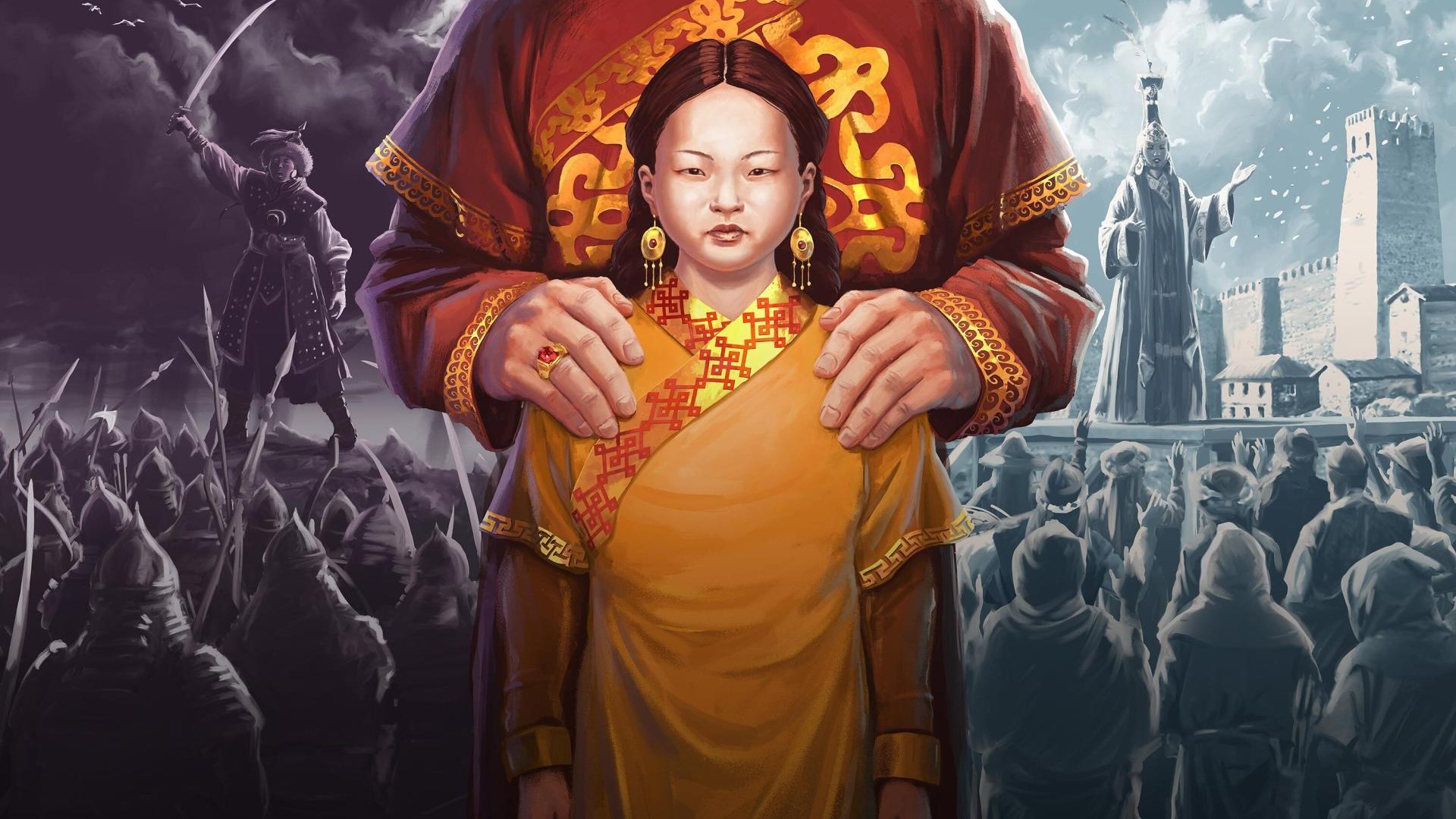 Key art for Crusader Kings 3 Wards &amp;amp; Wardens with an adults hands resting on a child's shoulders