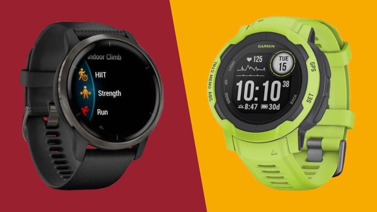 Garmin Venu 2 and Garmin Instinct 2 watches on yellow and red background