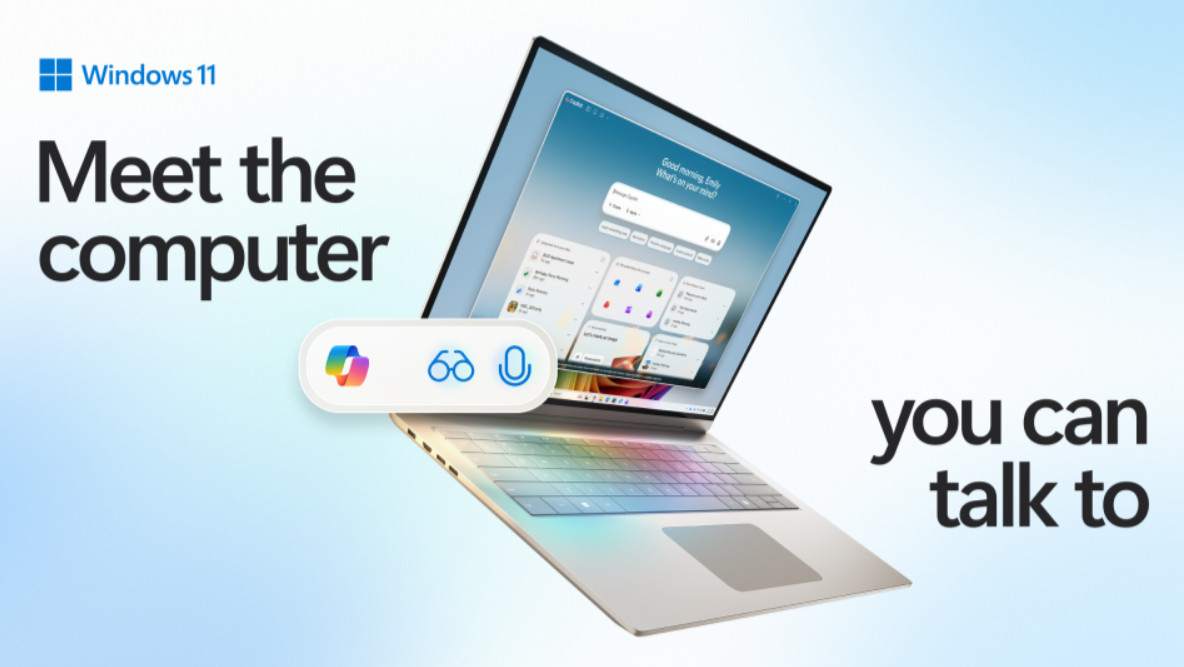 Windows 11: "meet the computer you can talk to" showing a laptop running the Copilot app