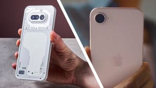 A hand holding the Nothing Phone (4a) next to a hand holding the iPhone 17e