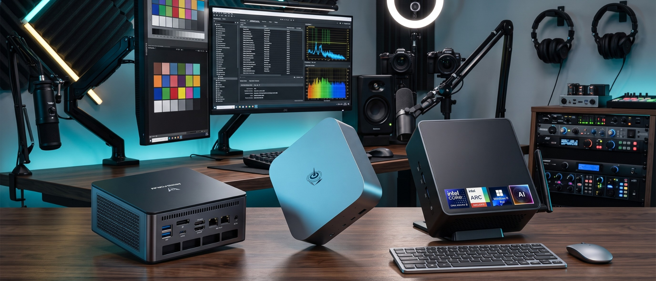 Asus, Beelink, and a Minisforum mini PC on a desk in a home studio surrounded by microphones, photo editing monitors, headphones, and cameras