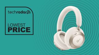 Anker Soundcore Space One Pro headphones on a cyan background with the words 'TechRadar: lowest price' positioned on the left side of the image
