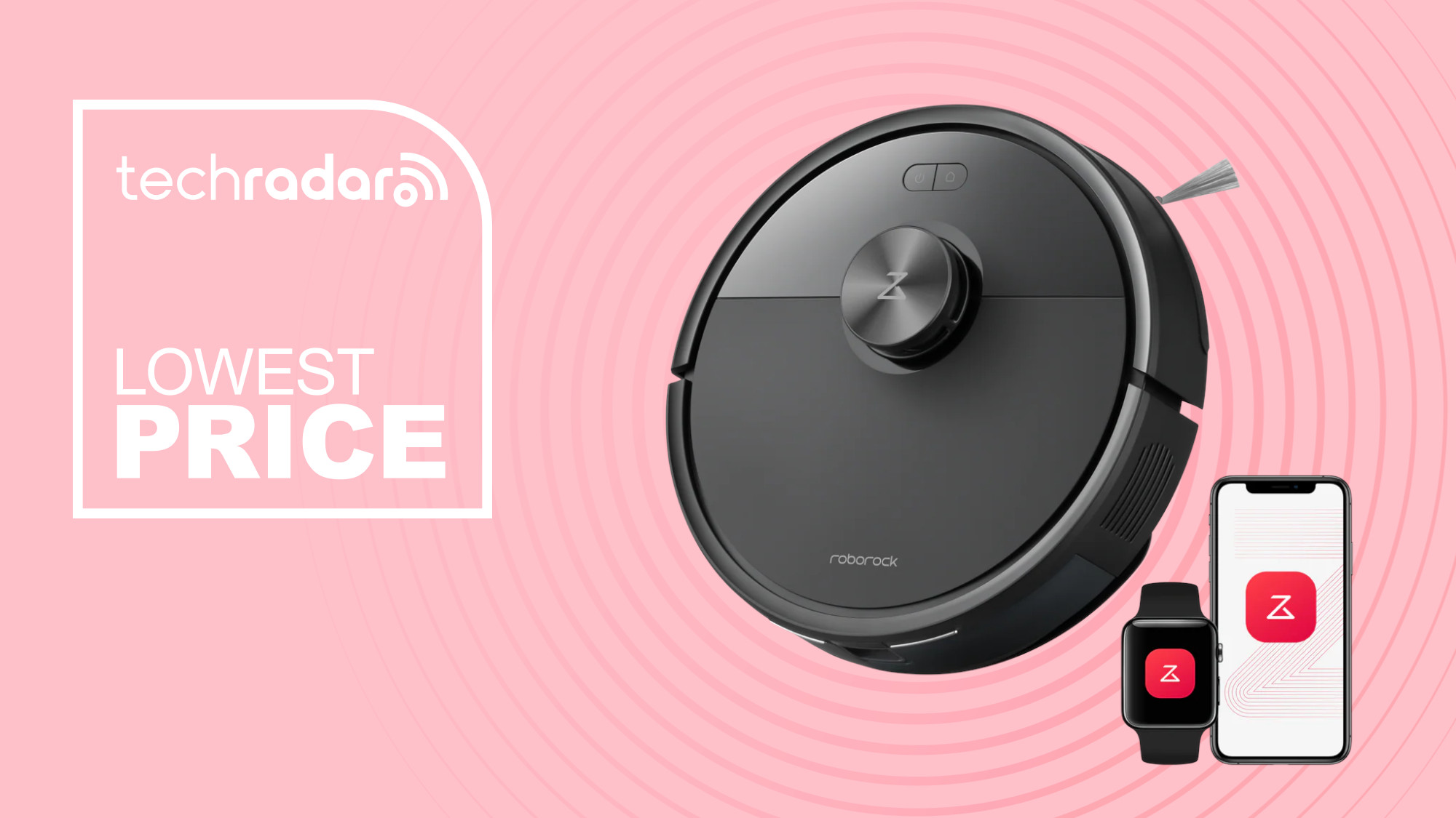 roborock Q7 M5 robo vacuum on pink background with lowest price text overlay