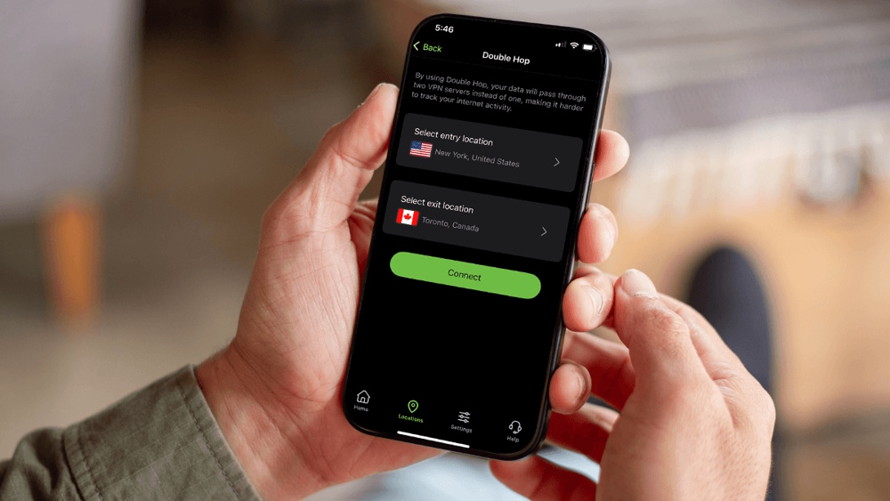 IPVanish's Double Hop VPN feature interface showing on a smartphone.