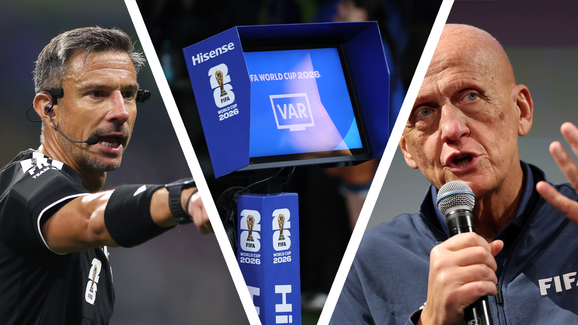 A World Cup referee next to a VAR monitor next to Pierluigi Collina