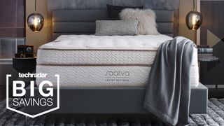 The Saatva Classic mattress with a badge saying 'BIG SAVINGS'