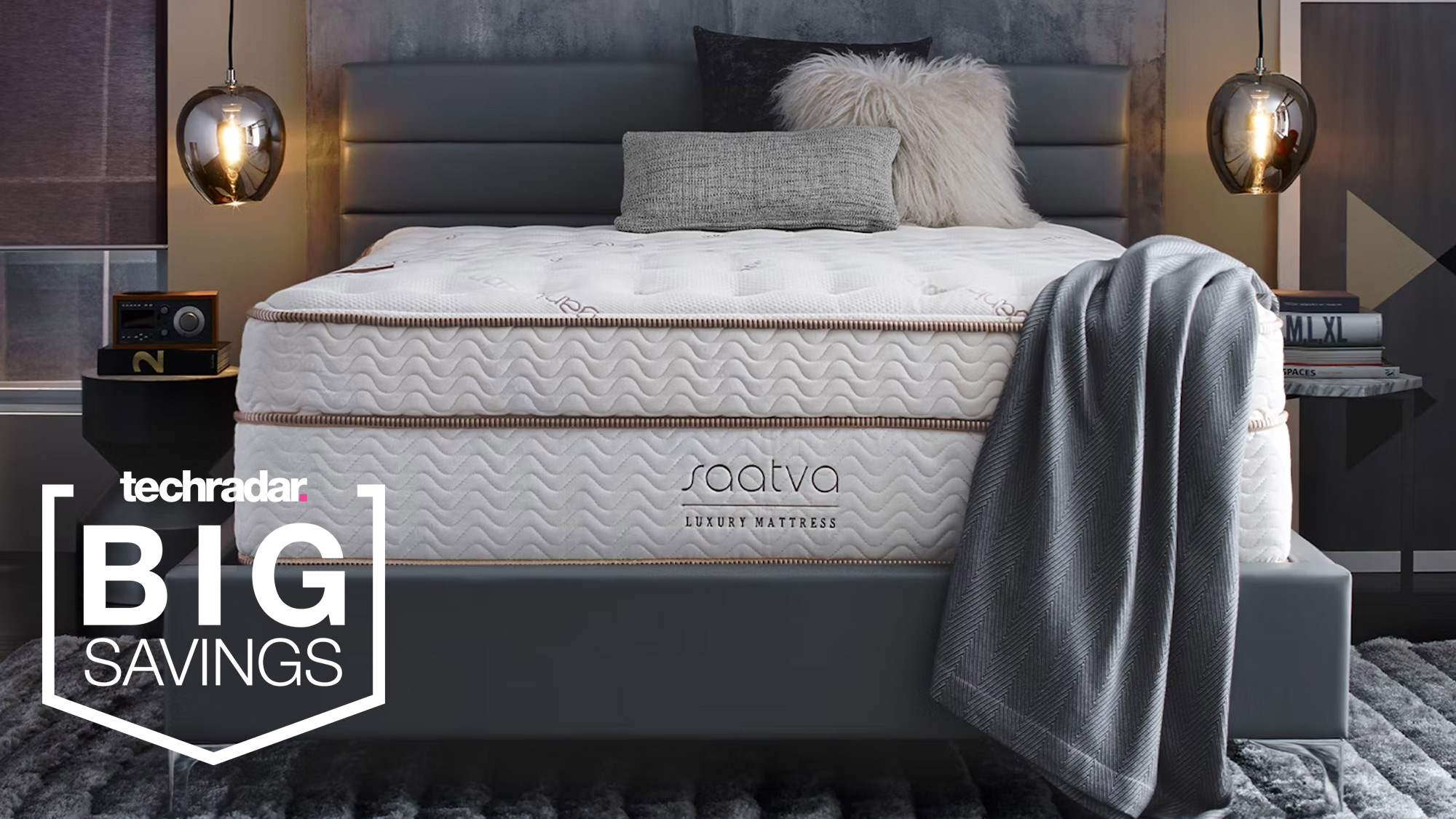 The Saatva Classic mattress with a badge saying 'BIG SAVINGS'