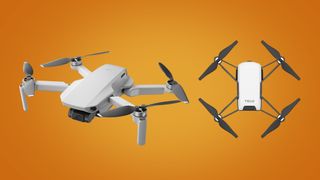 Two drones side by side on an orange background