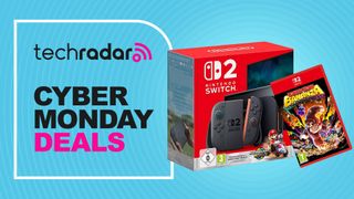 The Nintendo Switch 2 &ndash; Mario Kart World bundle and Donkey Kong Bananza in front of a blue background with the words TechRadar Cyber Monday Deals written on it.