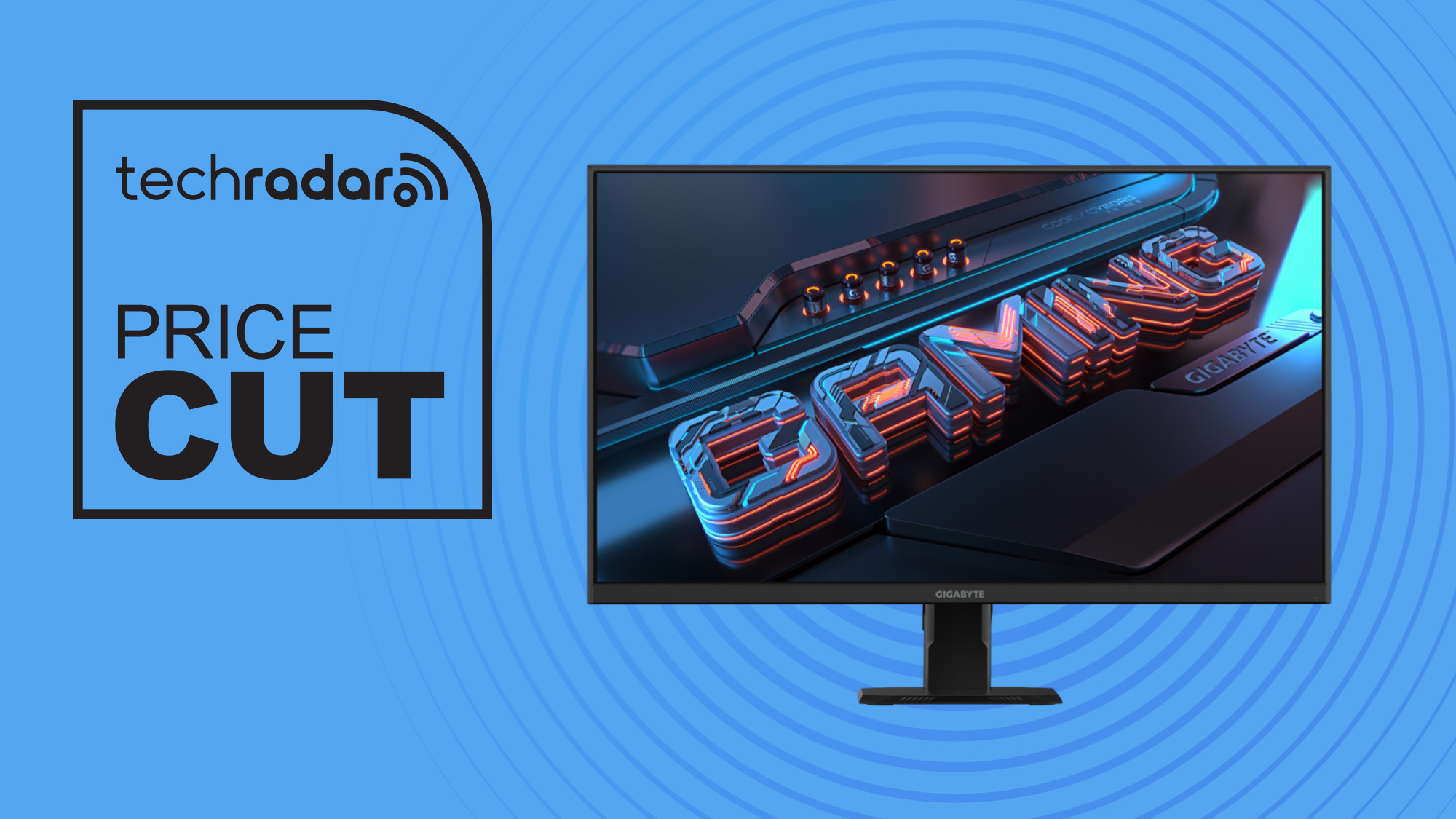 Gigabyte GS27QA monitor on blue background with price cut text overlay
