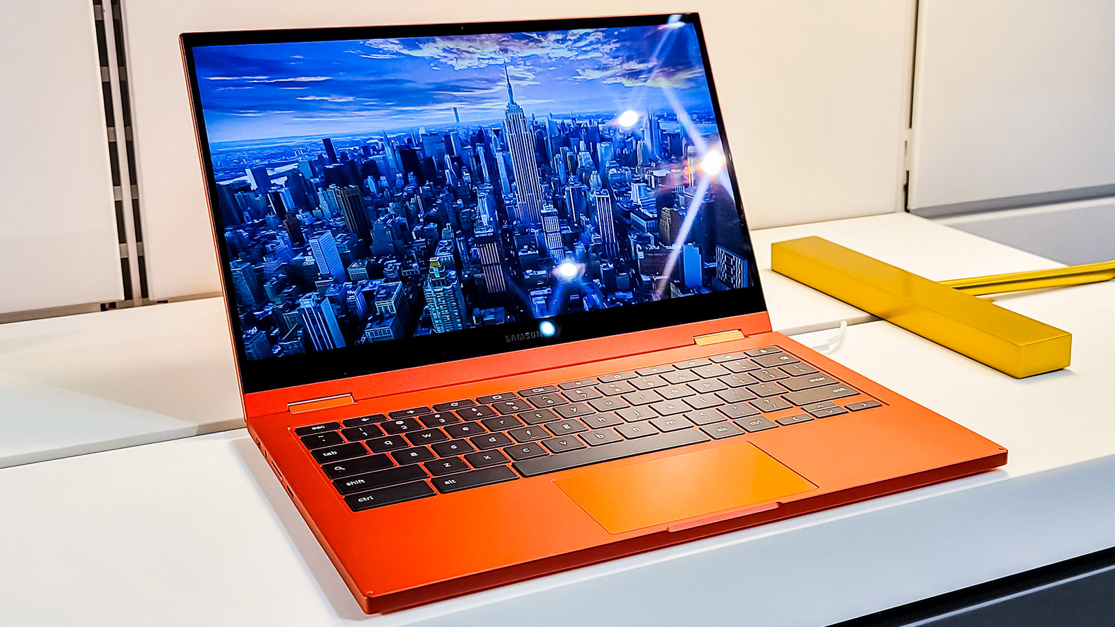 Samsung shows off its Galaxy Chromebook 2 at a press event