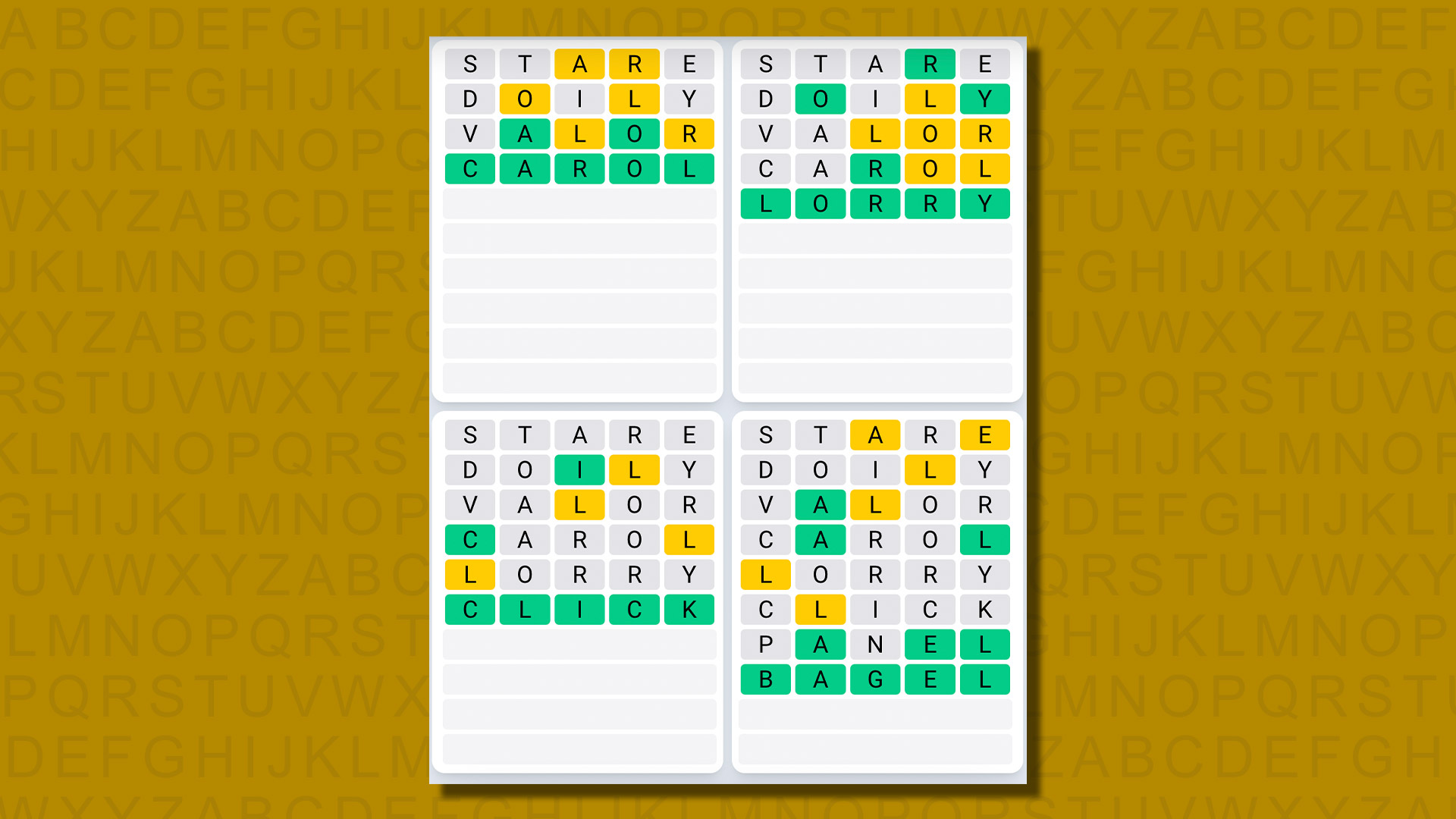 Quordle daily sequence answers for game 602 on a yellow background