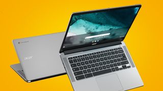 Two Acer Chromebooks on an orange background