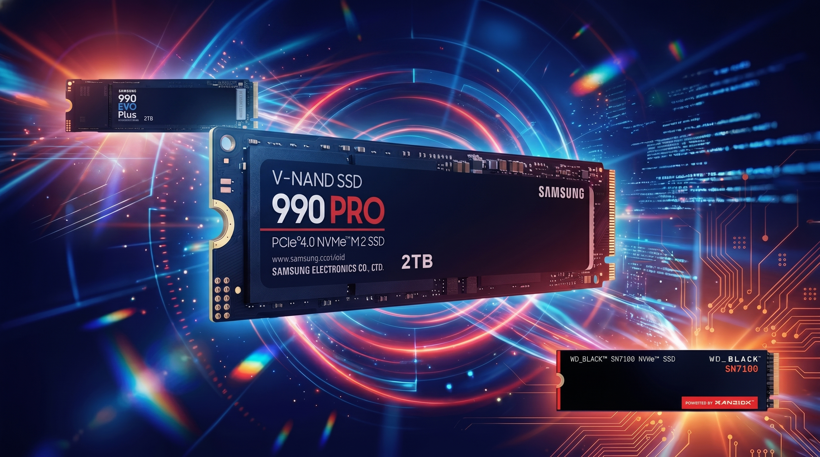 Three SSDs on a computer background