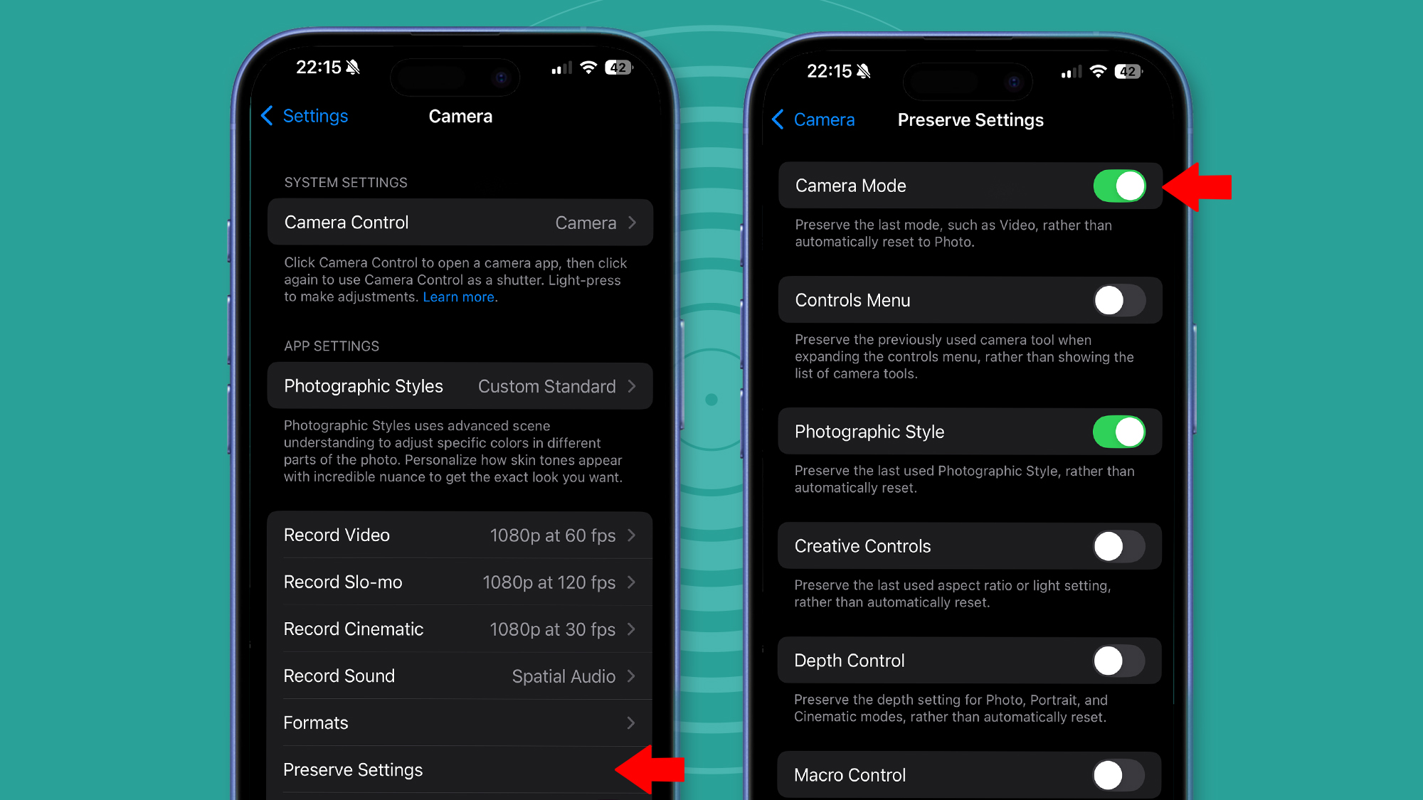 Two iPhone 16 Pro phones showing its camera settings