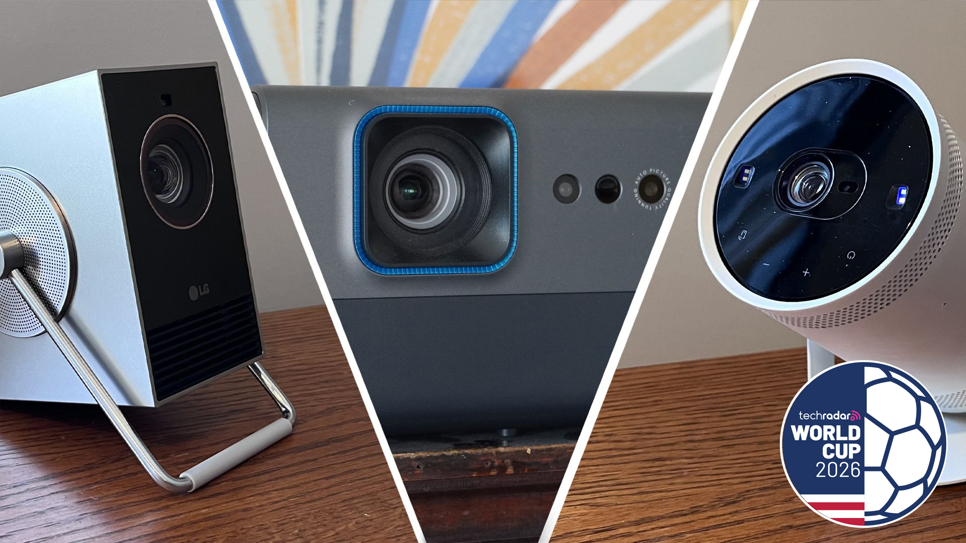 Three projectors, with a TechRadar World Cup logo