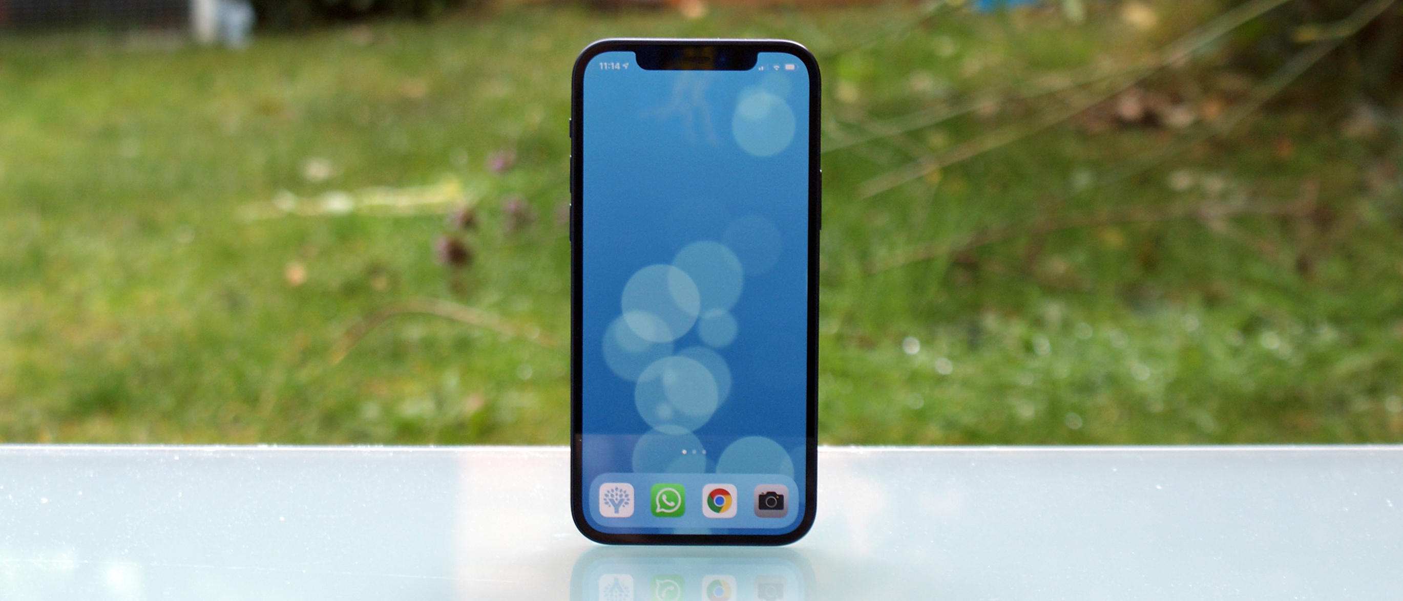 An iPhone 12 from the front, with the screen on