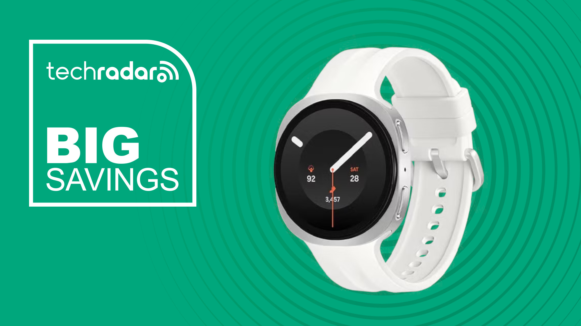 Samsung Galaxy Watch 9 on green background with big savings text overlay