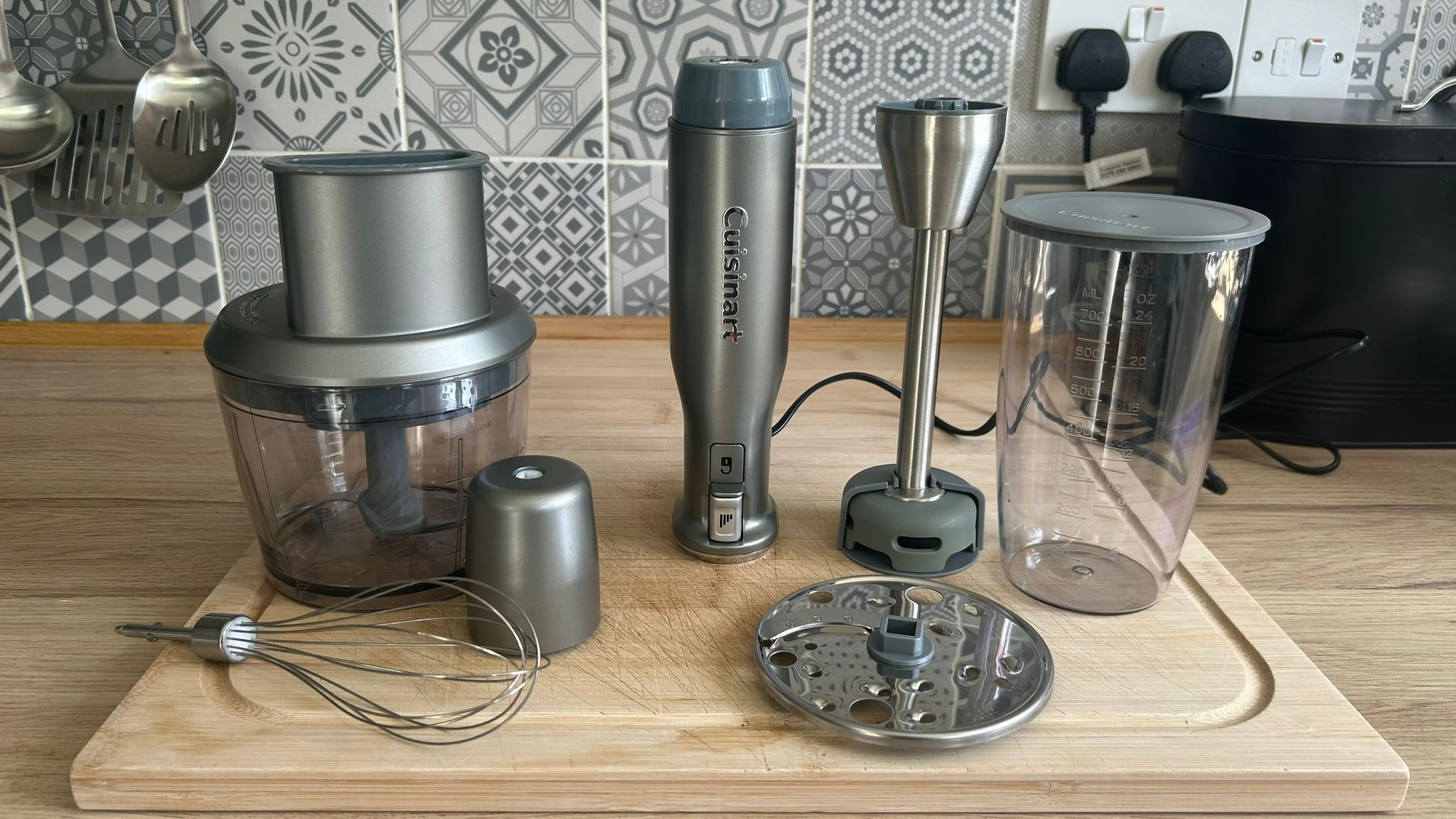 Cuisinart Power Blend Immersion Blender with accessories on kitchen counter