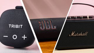 Tribit Stormbox Micro 3, JBL Flip 7, Marshall Kilburn III together