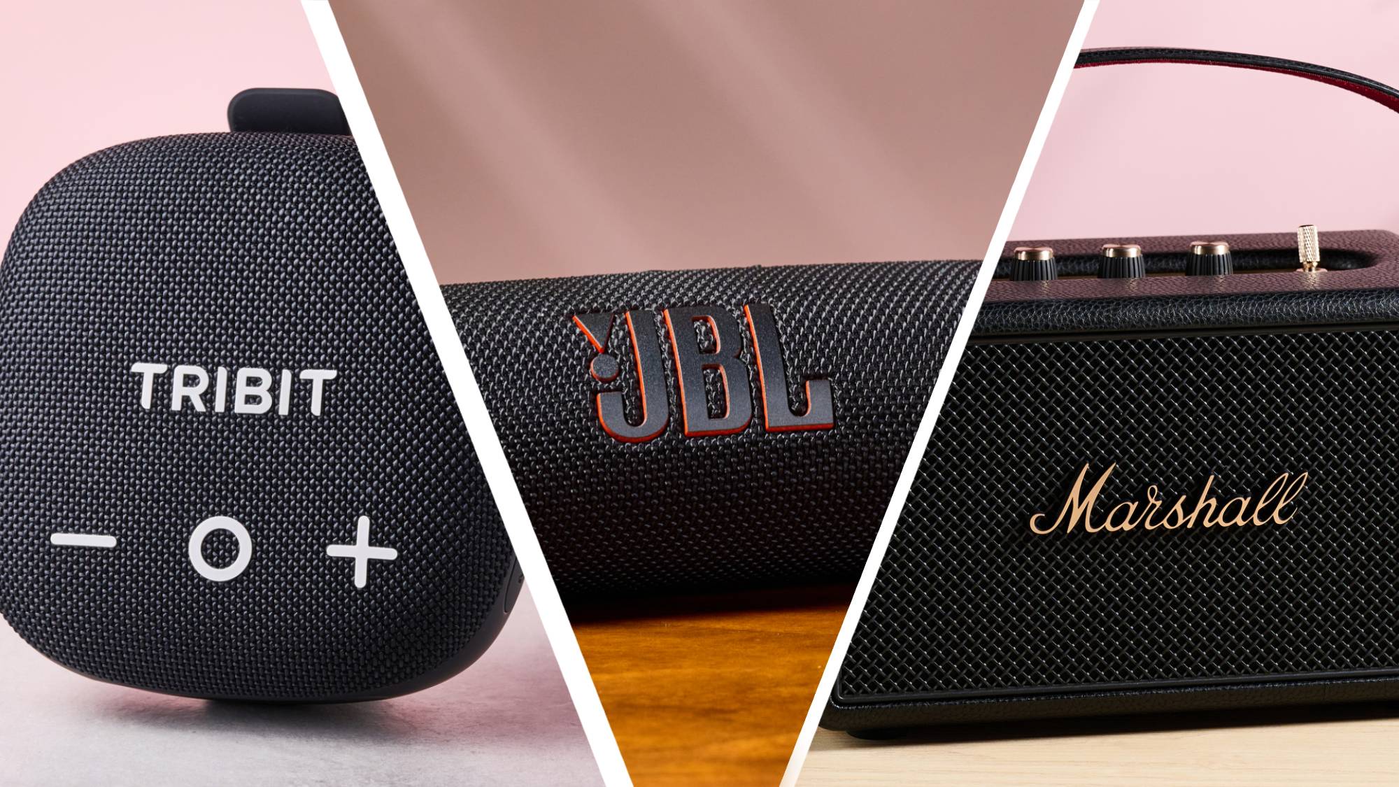 Tribit Stormbox Micro 3, JBL Flip 7, Marshall Kilburn III together