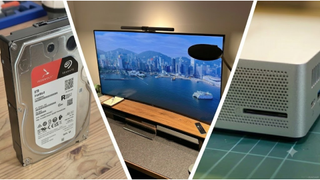 A Dell ultrawide monitor, Geekom mini PC, and Seagate HDD during our reviews, featured in a three-way split divided by a white V shape