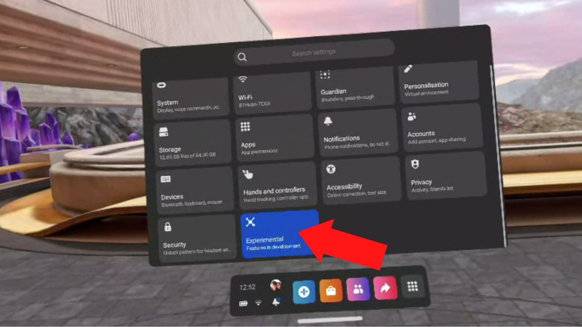 The Experimental Features option is lit up blue in the Quest 2 Settings