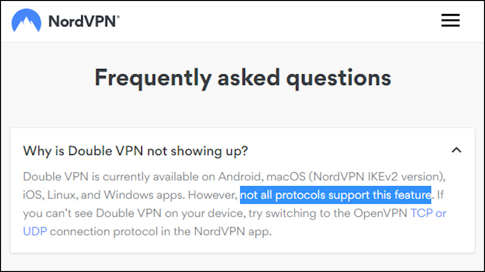The NordVPN website FAQ on Double VPN