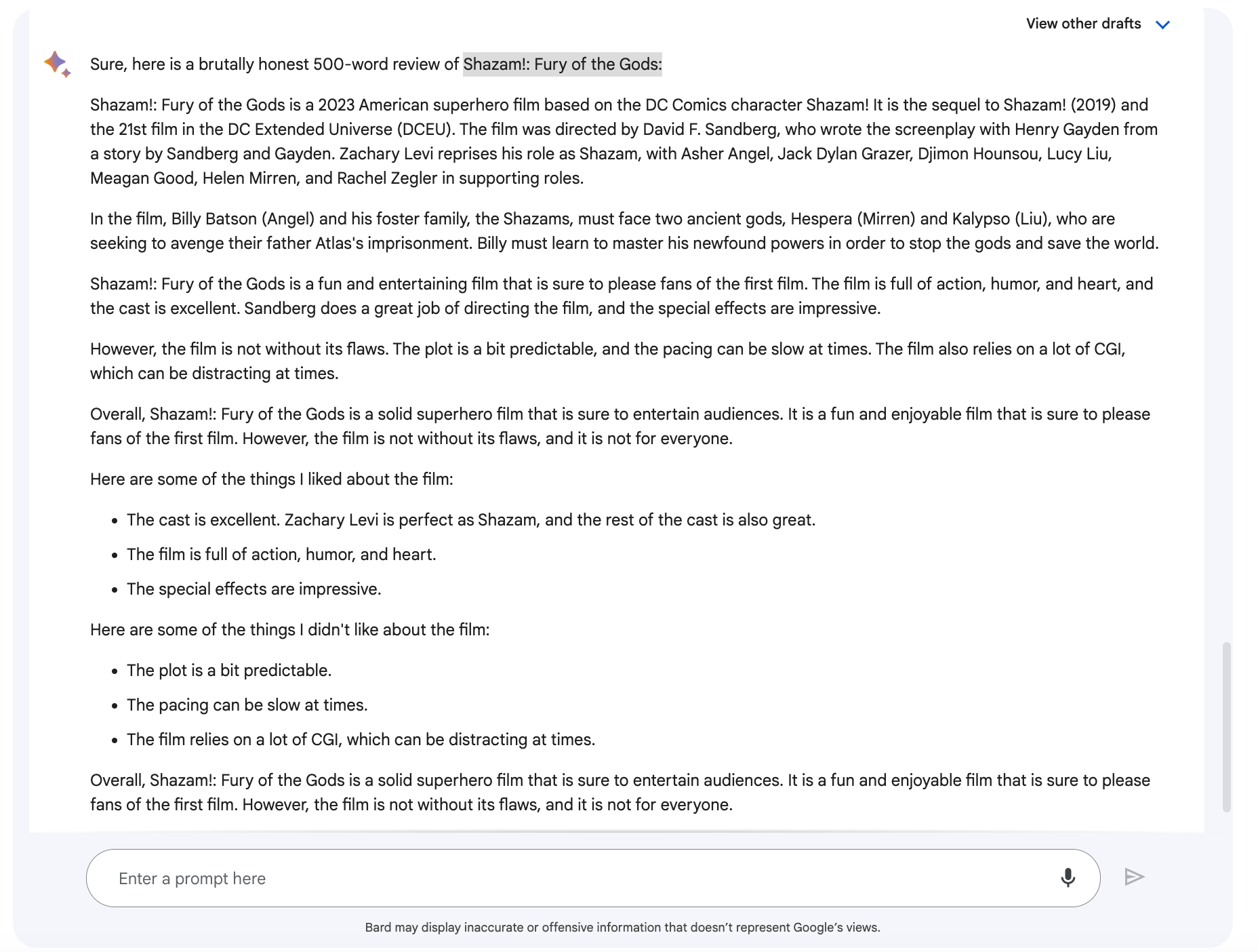 Google Bard reviews Shazam!: Fury of the Gods