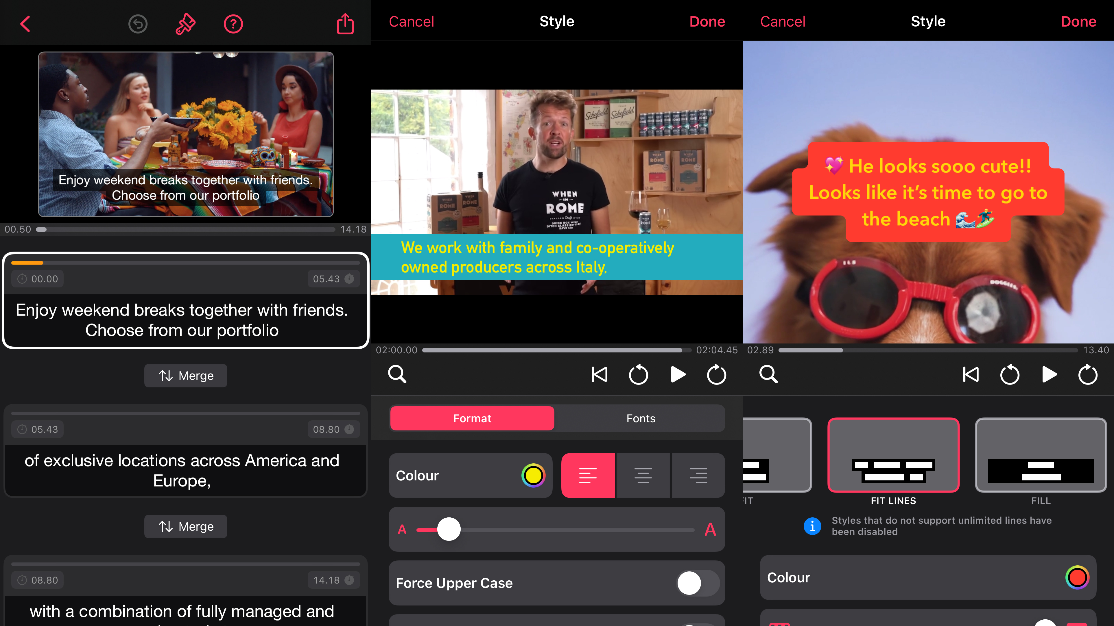 Screenshots showing Captionista on iPhone