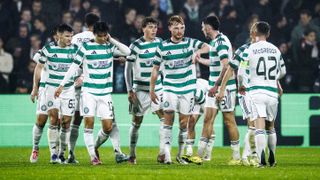 Players of Celtic FC celebrate their 1-2 goal during the UEFA Europa League football match Feyenoord Rotterdam and Celtic Glasgow at the Feyenoord Stadium 'De Kuip' in Rotterdam on Novemberr 27, 2025. 