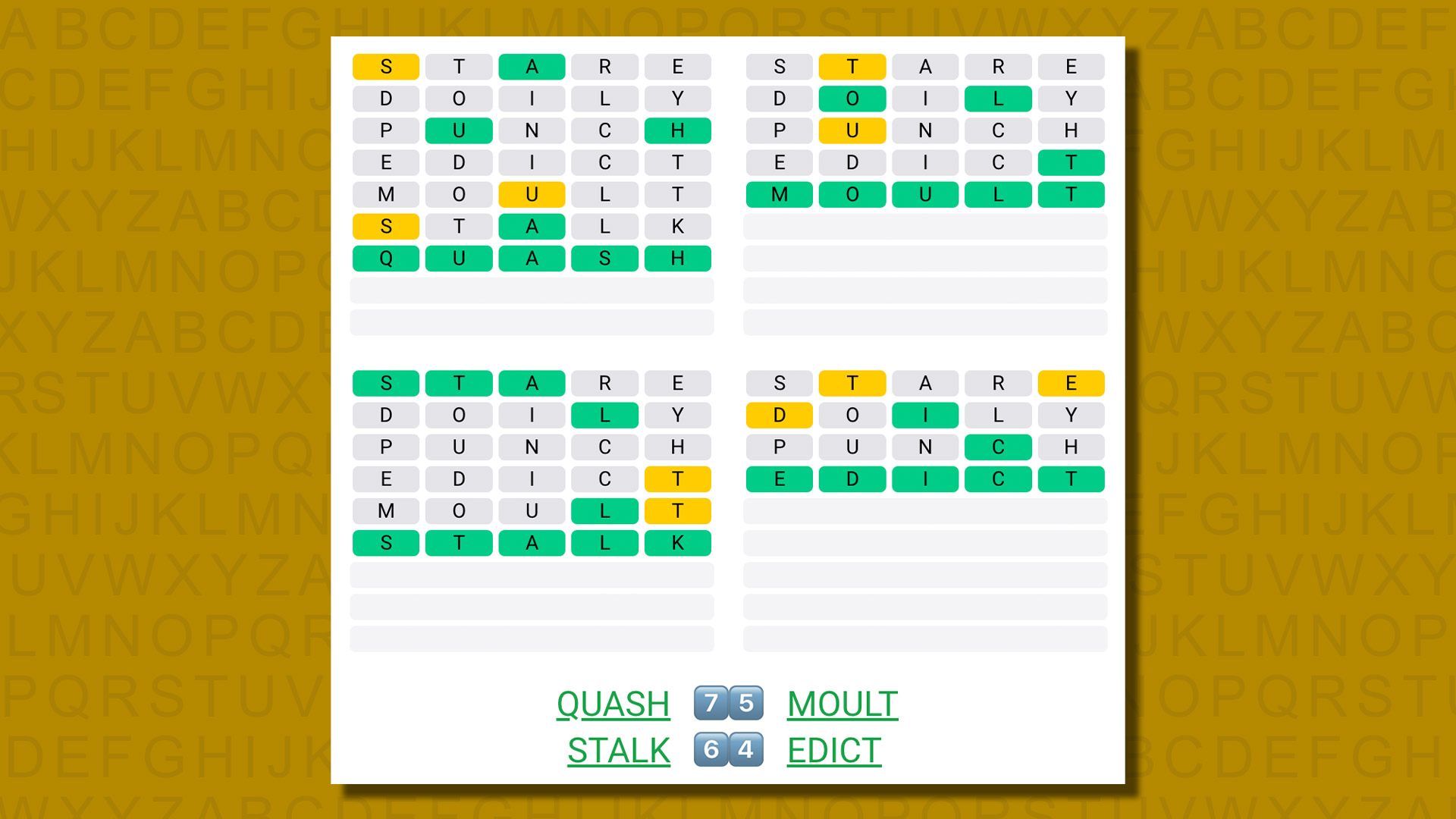 Quordle answers for game 559 on a yellow background