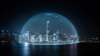 Cyber dome over city skyline