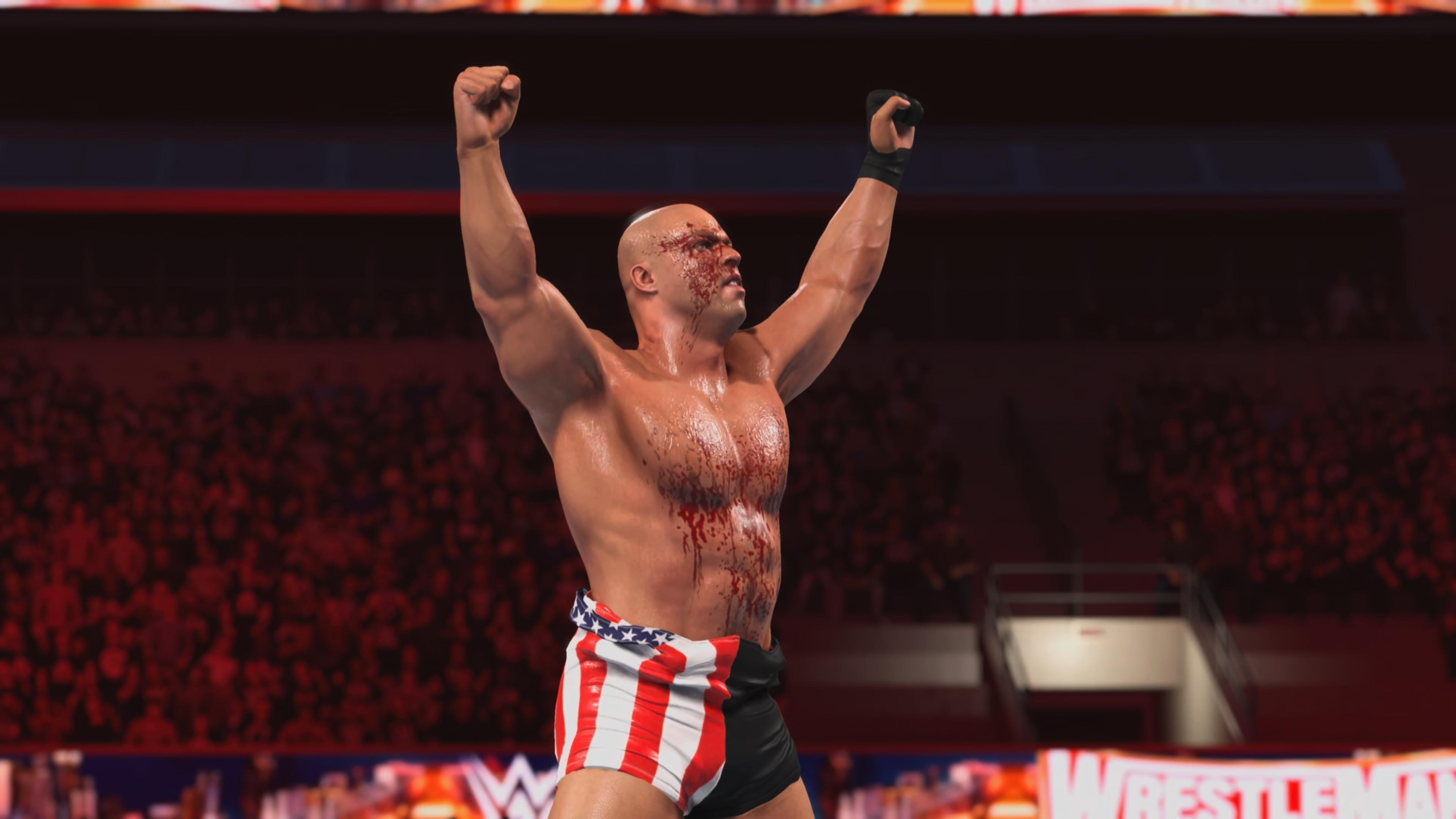 In-game screenshots from wrestling game WWE 2K26, showing wrestlers in the ring, making entrances, and the arena