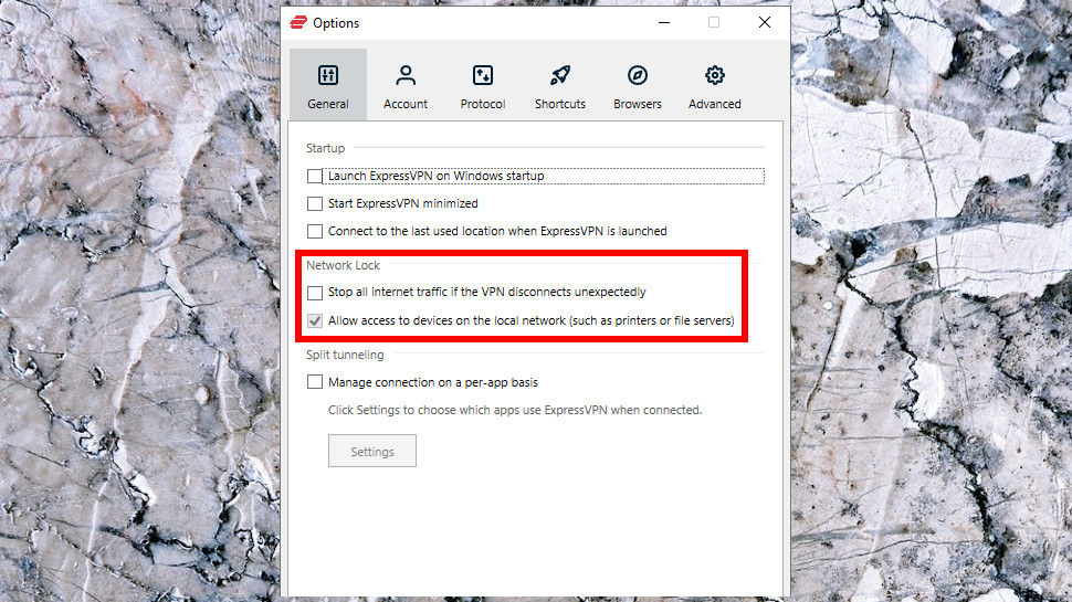 The ExpressVPN Windows app displaying its Network Lock settings