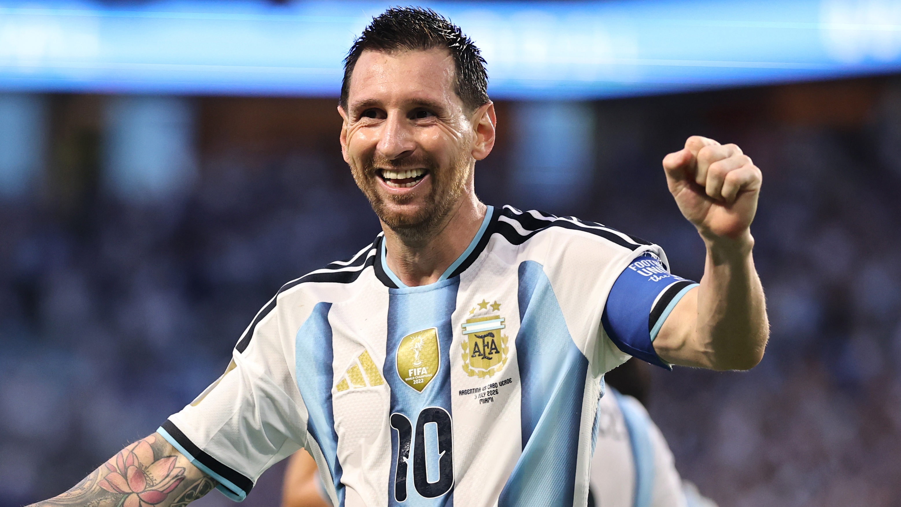 Lionel Messi celebrates after Argentina's second goal by Lisandro Martinez during the FIFA World Cup 2026 Last 32 match against Cabo Verde at Miami Stadium on July 03, 2026 in Miami Gardens, Florida
