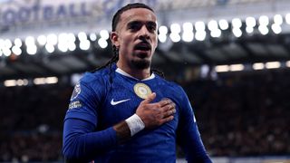 Malo Gusto of Chelsea celebrates scoring his team's second goal during the Premier League match between Chelsea and Everton at Stamford Bridge on December 13, 2025 in London, England. 