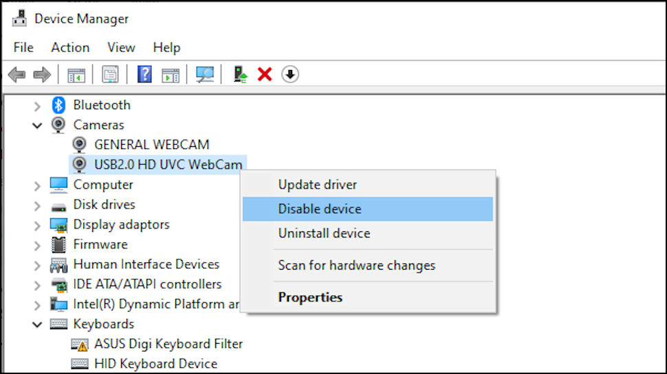 Disabling a webcam from Device Manager