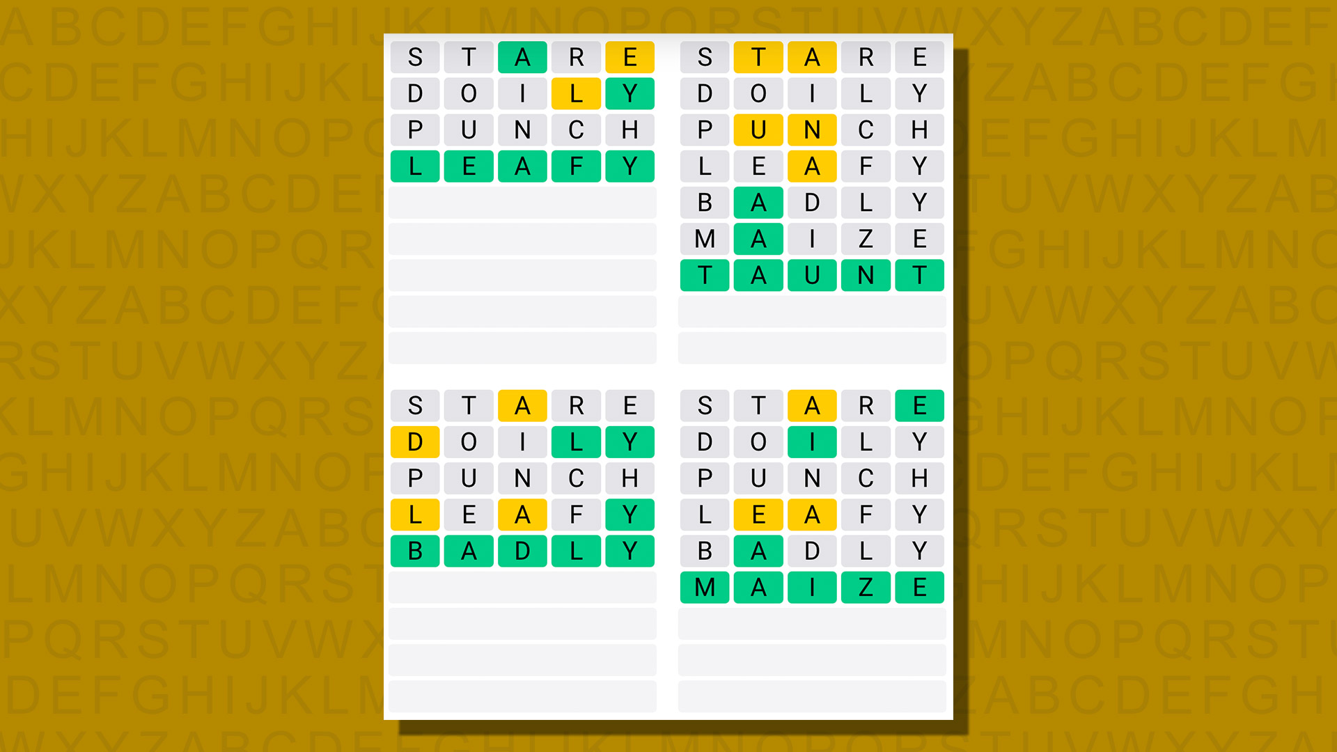 Quordle answers for game 767 on a yellow background