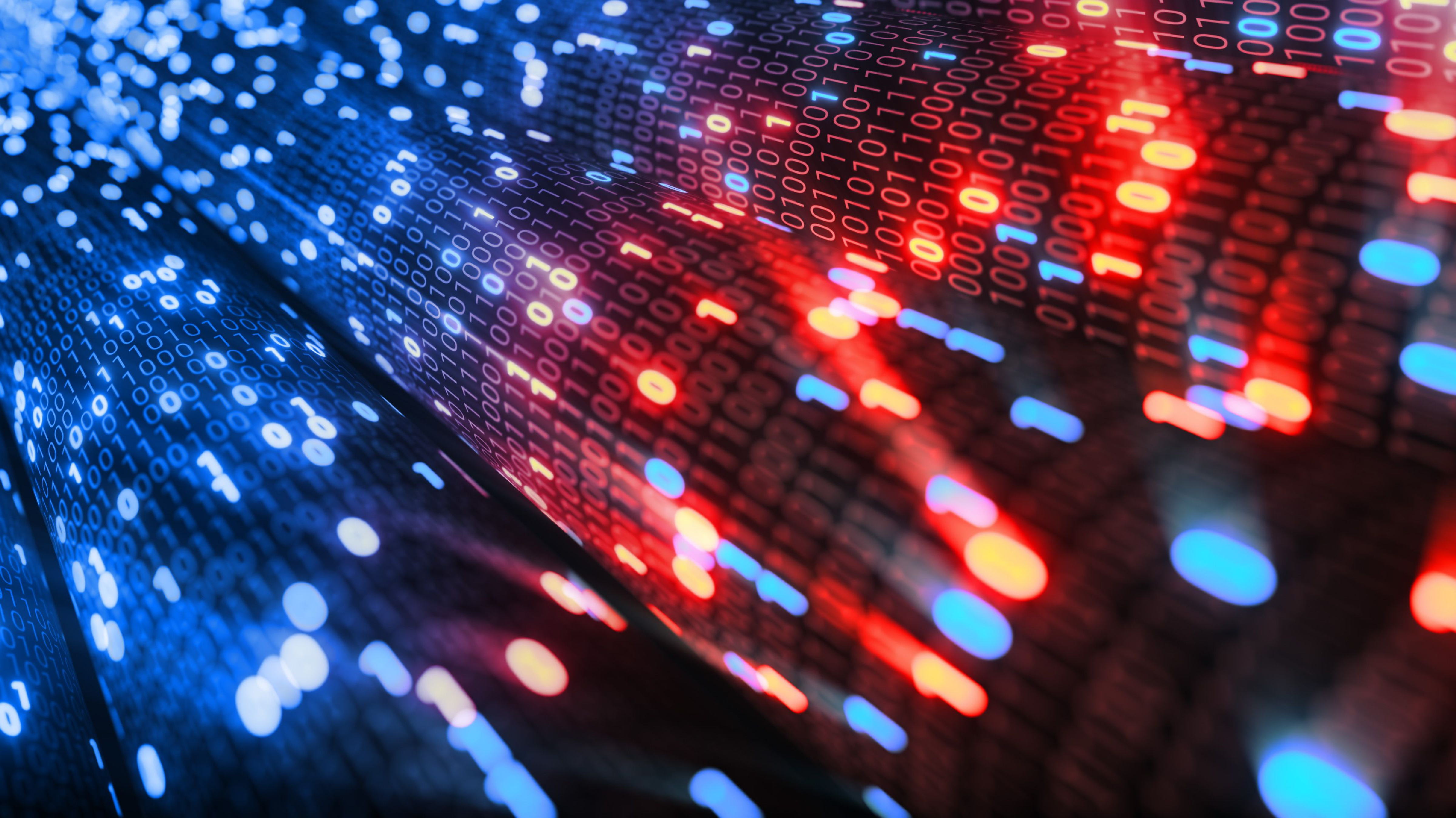 Hacking red and blue digital binary code matrix 01 background.