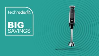 A Braun Multiquick 5 stick blender on a cyan background and a banner that reads 'Big Savings'