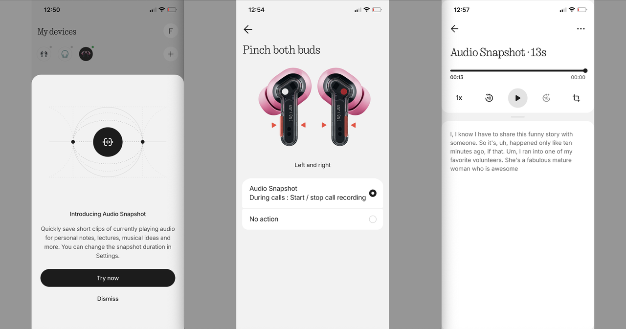 Three screen grabs from Nothing's X app, pertaining to the new Audio Snapshot feature in Nothing Ear (3a)
