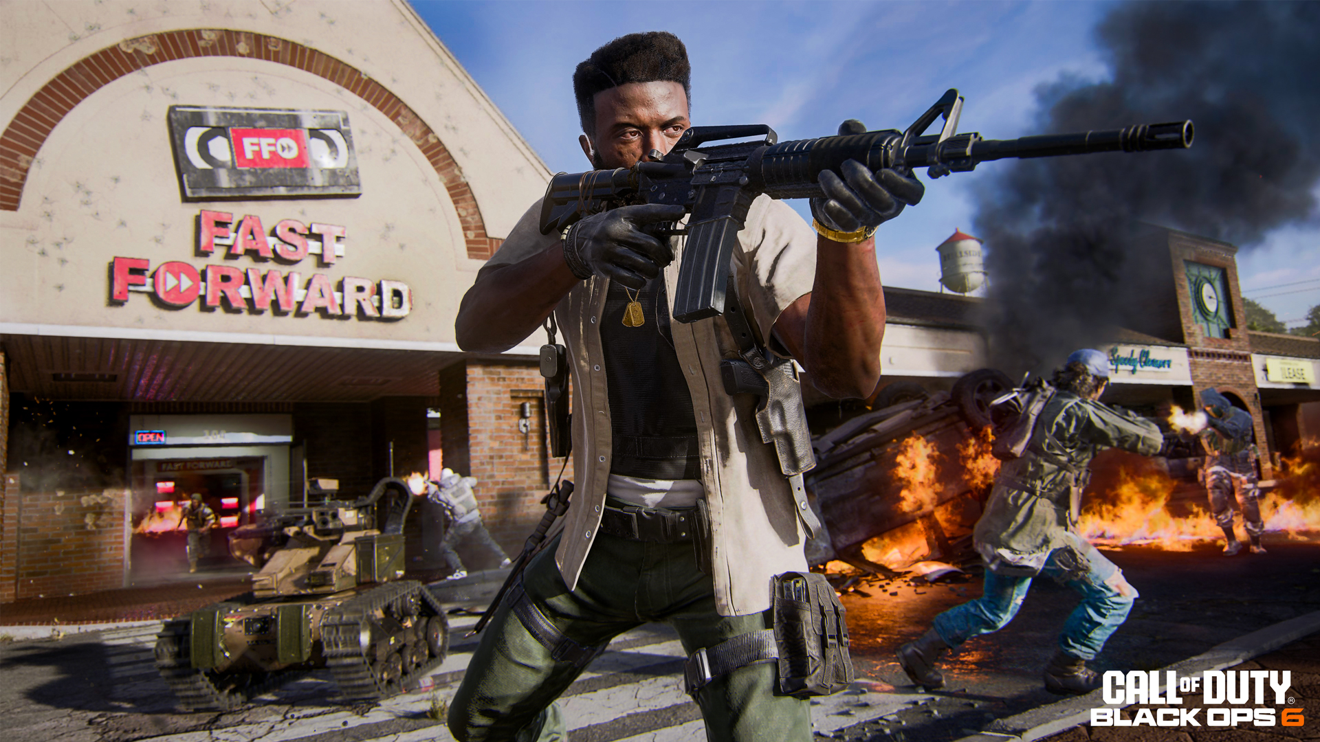 A soldier fires an assault rifle outside of